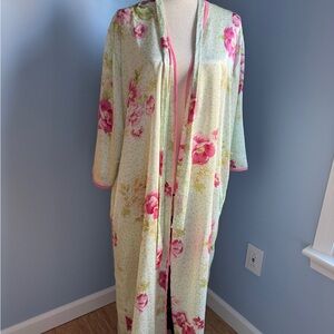 Oscar de la Renta Pink and Green Floral Wrap Robe